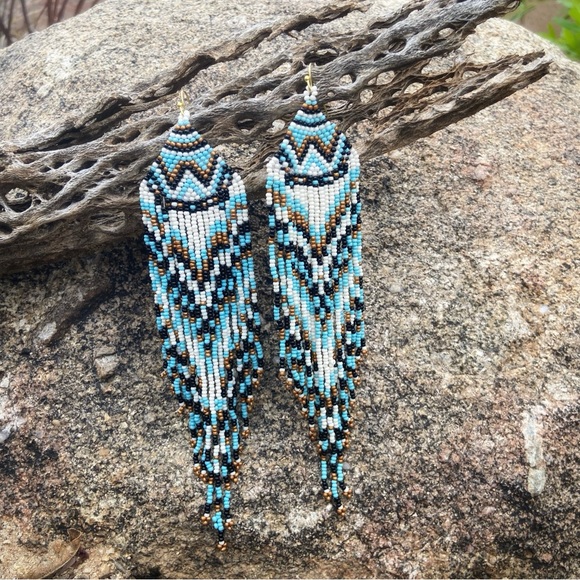 Gold River Beaded Fringe Earrings in Black, Blue, Copper + White - Picture 2 of 7